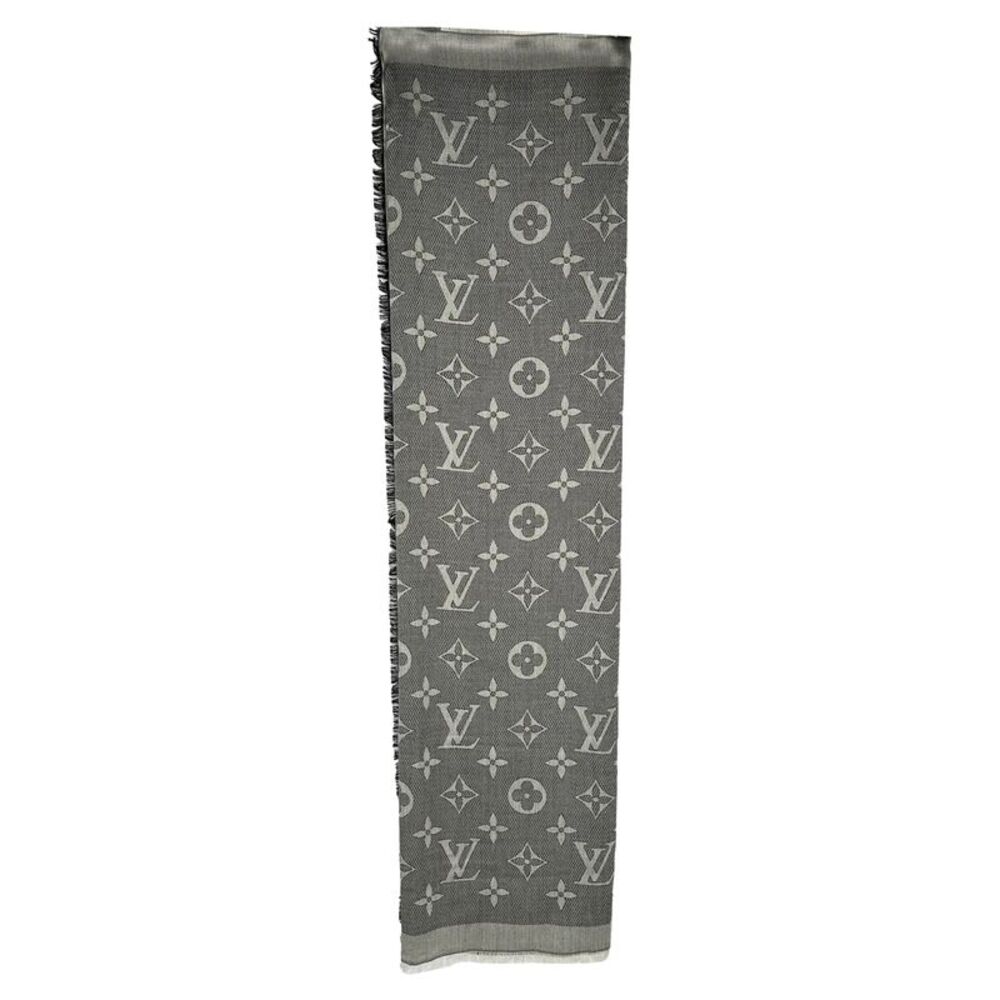 Louis Vuitton Monogram Fringed Scarf in Grey Silk